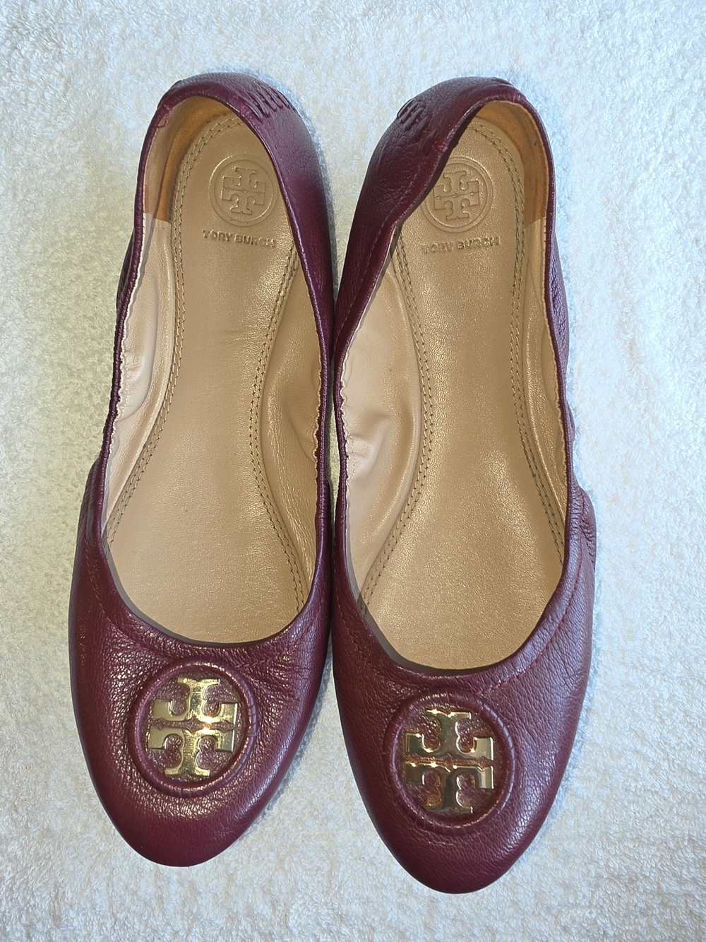 Tory Burch Burgundy Leather Round-Toe Ballet Flats with Gold Logo